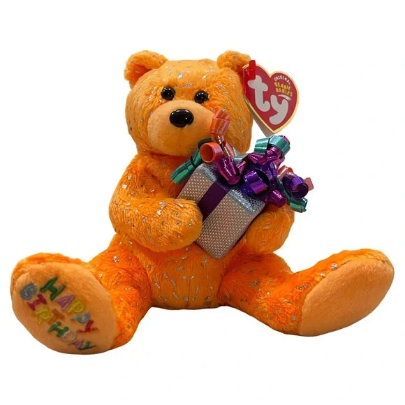 TY Beanie Baby - HAPPY BIRTHDAY the Bear ( Orange - w/ Present ) 7"...NEW - Picture 1 of 7